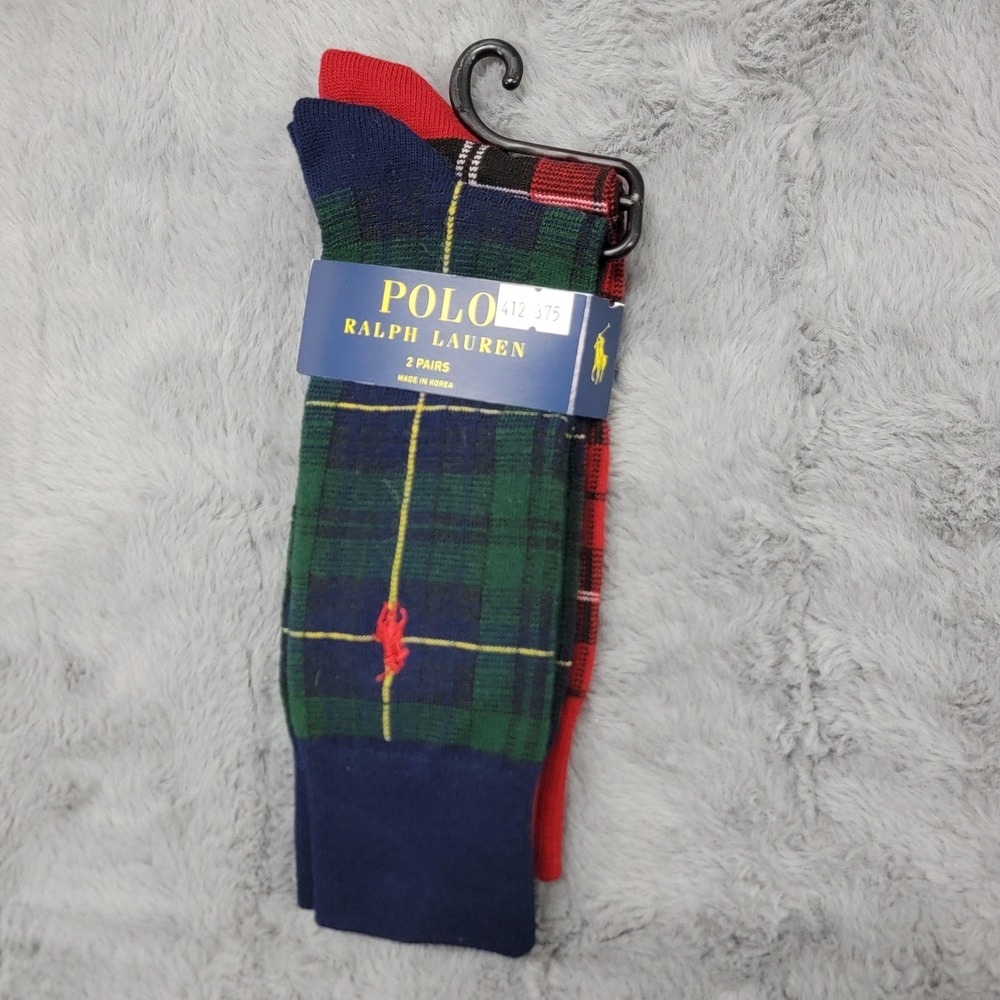 Polo Ralph Lauren Socks Mens 10-13 Multicolor Tartan Plaid Pony 2 Pairs Mid Calf